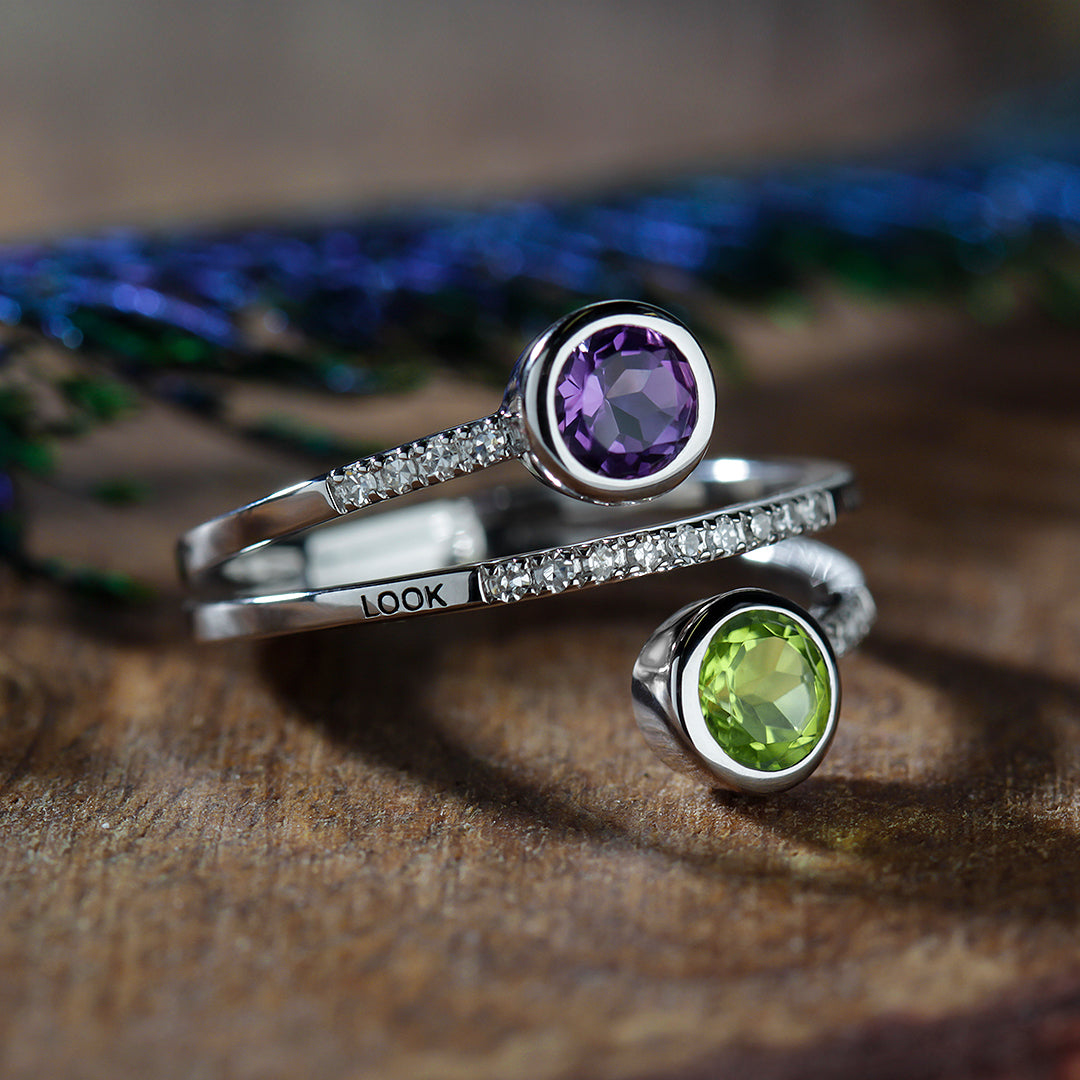 Spiral Ring with Peridot, and Amethyst