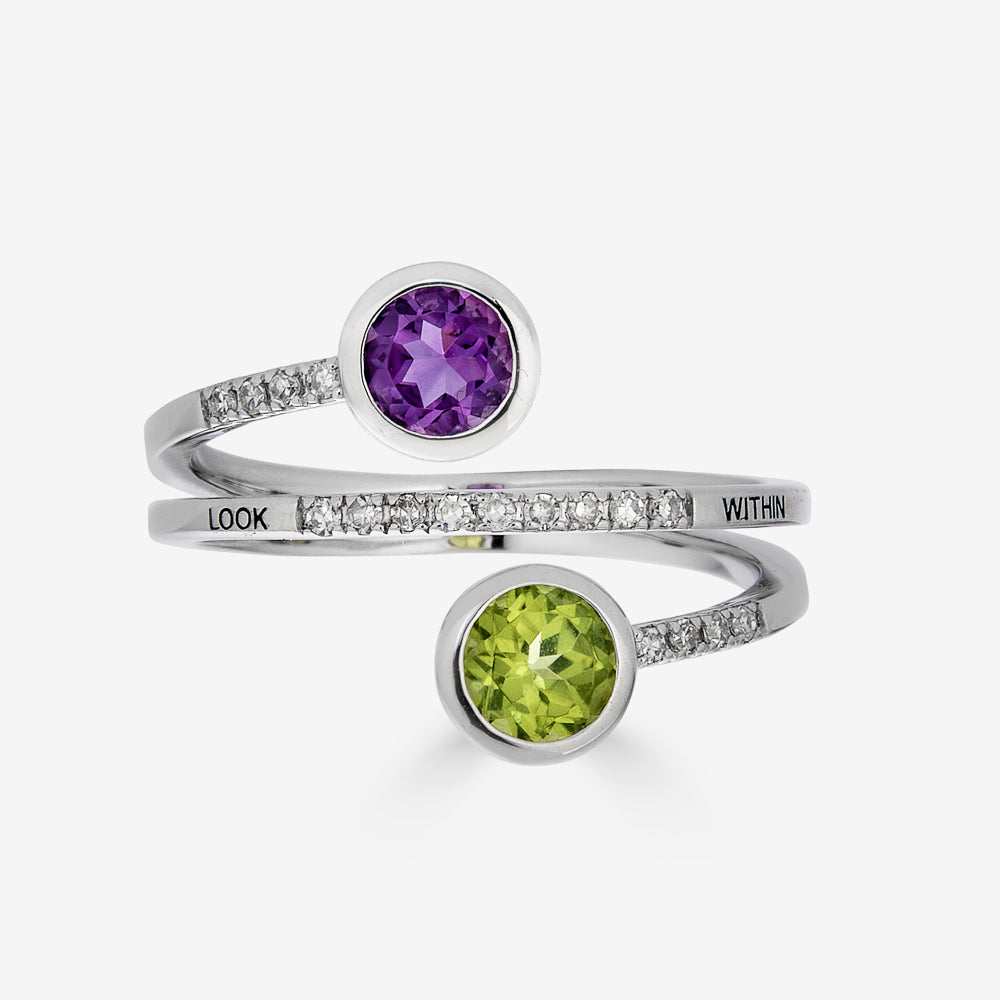 Spiral Ring with Peridot, and Amethyst