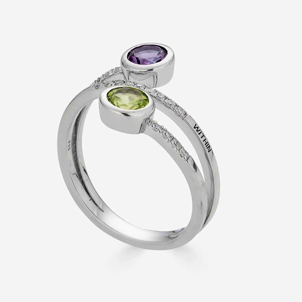 Spiral Ring with Peridot, and Amethyst